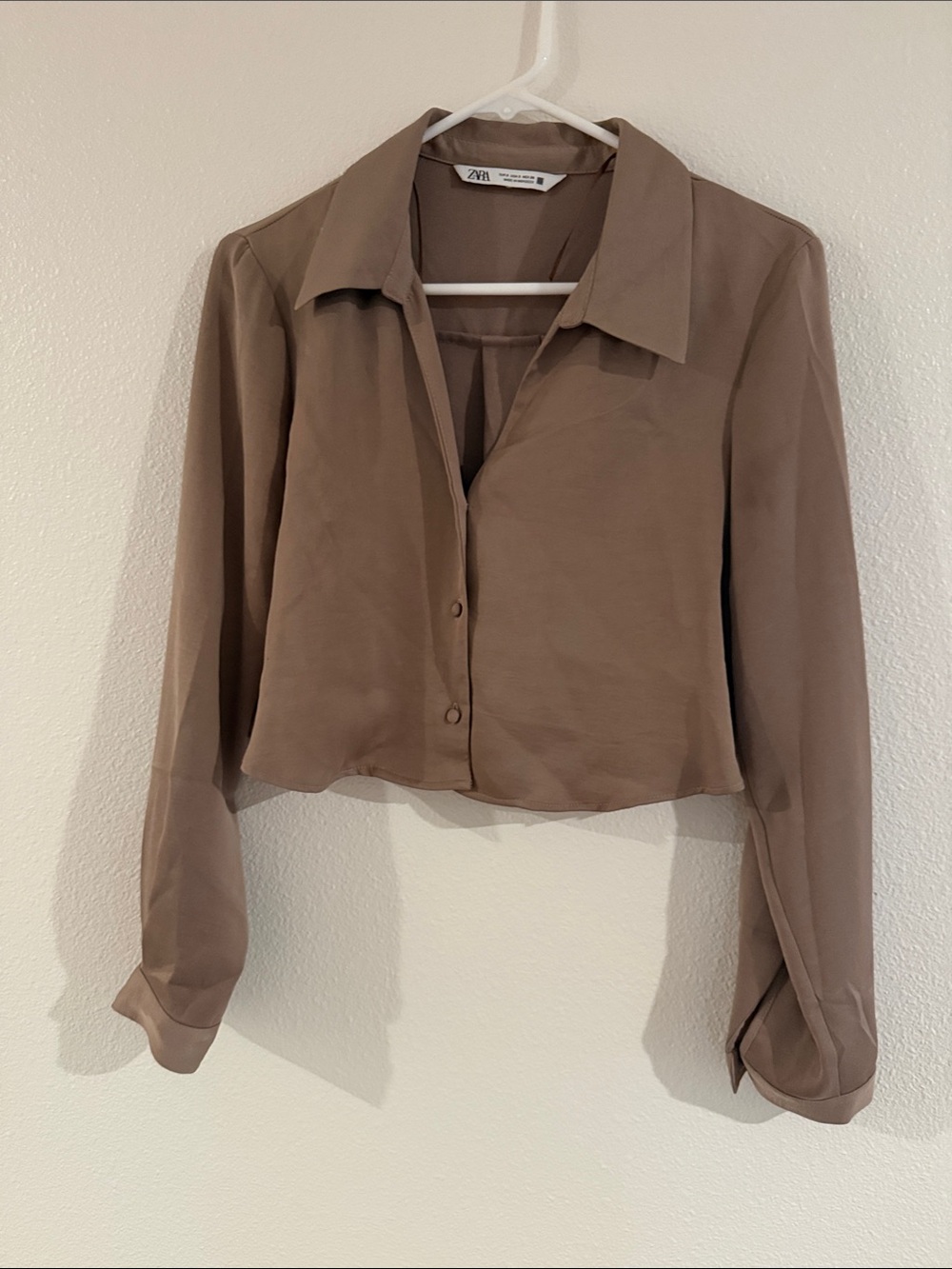 Zara Brown Cropped Button-Down Blouse